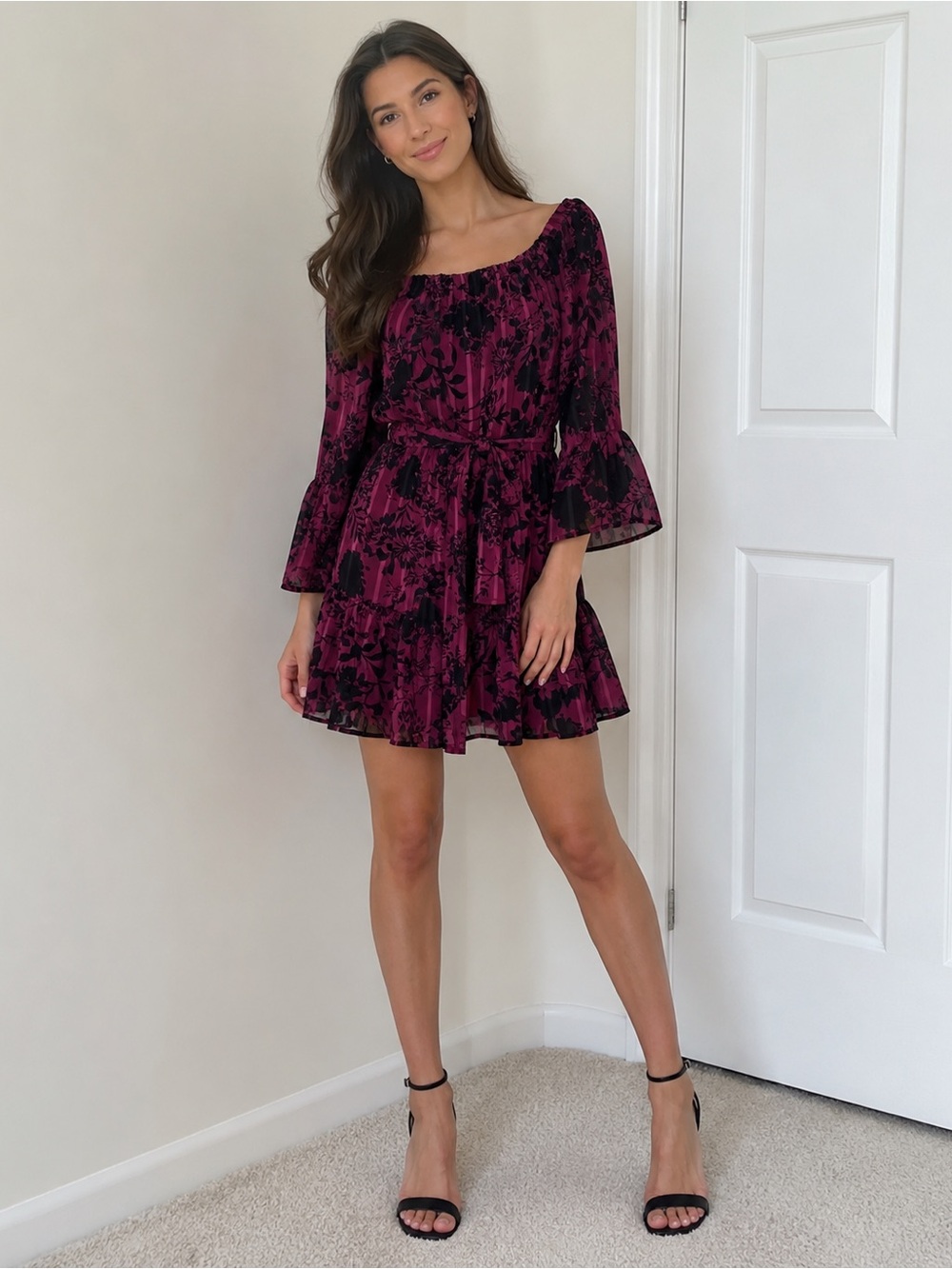 Aqua Off-the-Shoulder Neckline Floral
Print Mini Dress